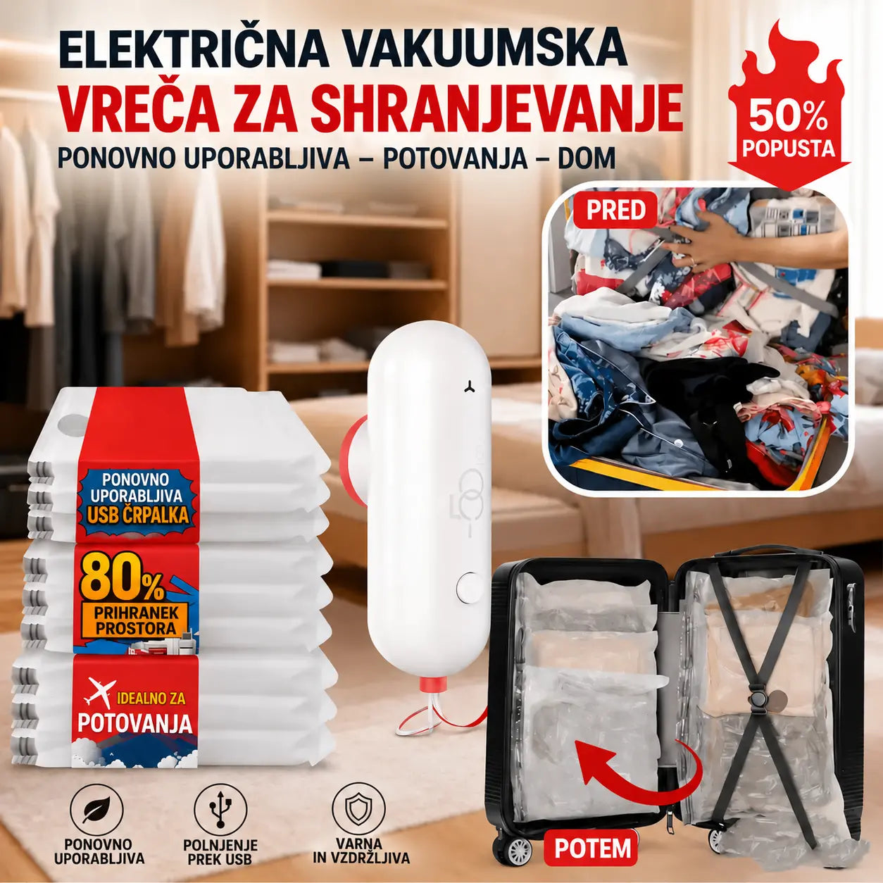 📦 50% popusta! 🔥 Električne vakuumske vrečke z USB, prihranite 80% prostora, ponovno uporabljive ✈️