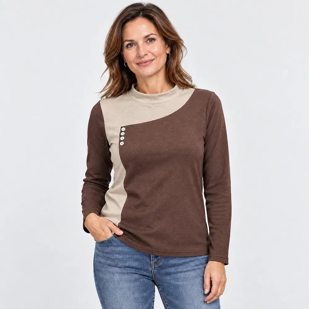 ✨【S-3XL / 6 χρώματα】Μπλούζα με ψηλό γιακά και διακοσμητικά κουμπιά, σε στυλ color-block (ελαφρύ θερμικό φλις)