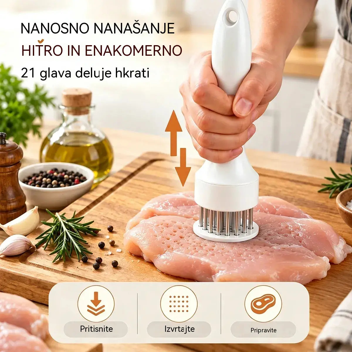 Igla za mehčanje mesa iz nerjavečega jekla z 21 konicami za zrezke, žar in kuhinjo.