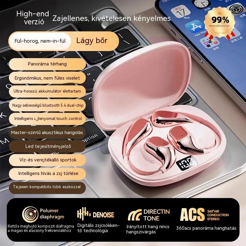 Vezeték nélküli Bluetooth fülhallgató beépített fülhorgos csontvezetés nélkül