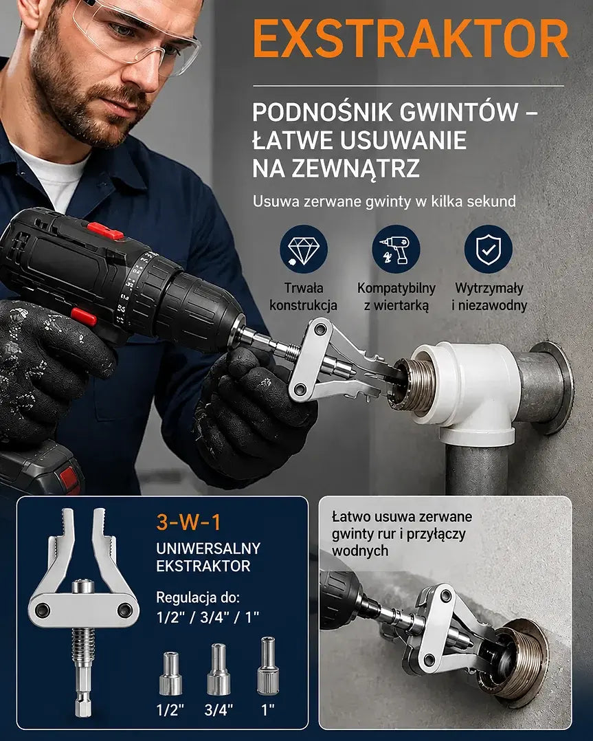 Uniwersalny wyciągacz do pękniętych rur 3 w 1 o wysokiej wytrzymałości z trzonkiem sześciokątnym – Narzędzie do wyciągania rur i gwintów napędzane wiertarką