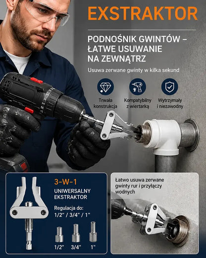 Uniwersalny wyciągacz do pękniętych rur 3 w 1 o wysokiej wytrzymałości z trzonkiem sześciokątnym – Narzędzie do wyciągania rur i gwintów napędzane wiertarką