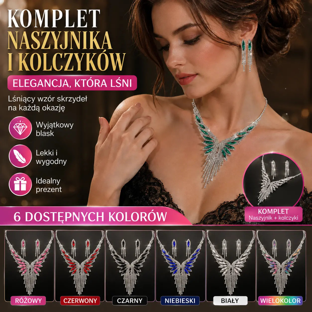 Elegancki komplet naszyjnika i kolczyków w kształcie skrzydeł ✨