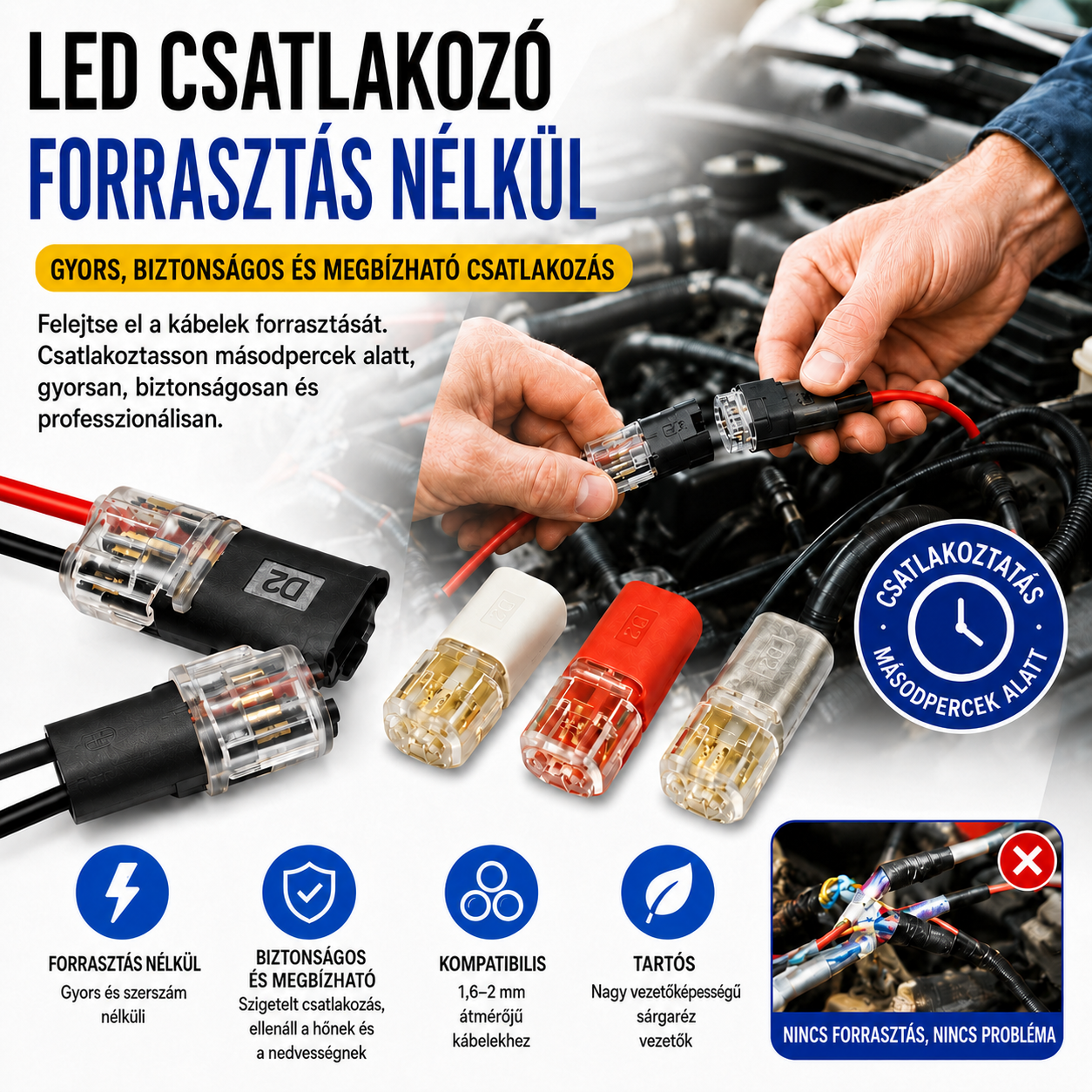 【50 tétel 7200 Ft-ért】Csupaszodásmentes csatlakozó, reteszelő csattal, biztonságos zárással és csúszásgátlóval ⚡️
