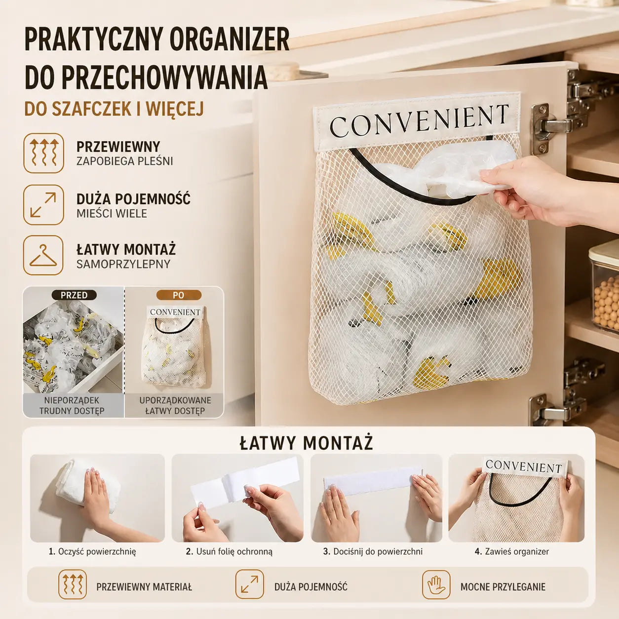 🥳 2 szt. 79 zł 🥳 Wisząca siatkowa torba. Wielokrotnego użytku, można prać i oddychająca. Ekologiczne przechowywanie – zdobądź swoją teraz! ✅
