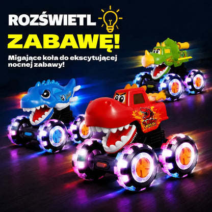 🦖🚗 Samochód-dinozaur z funkcją uruchamiania na przycisk – wystarczy lekko nacisnąć, a auto wystrzeliwuje do przodu, z migającymi światełkami i zabawnym rykiem ✨🎮