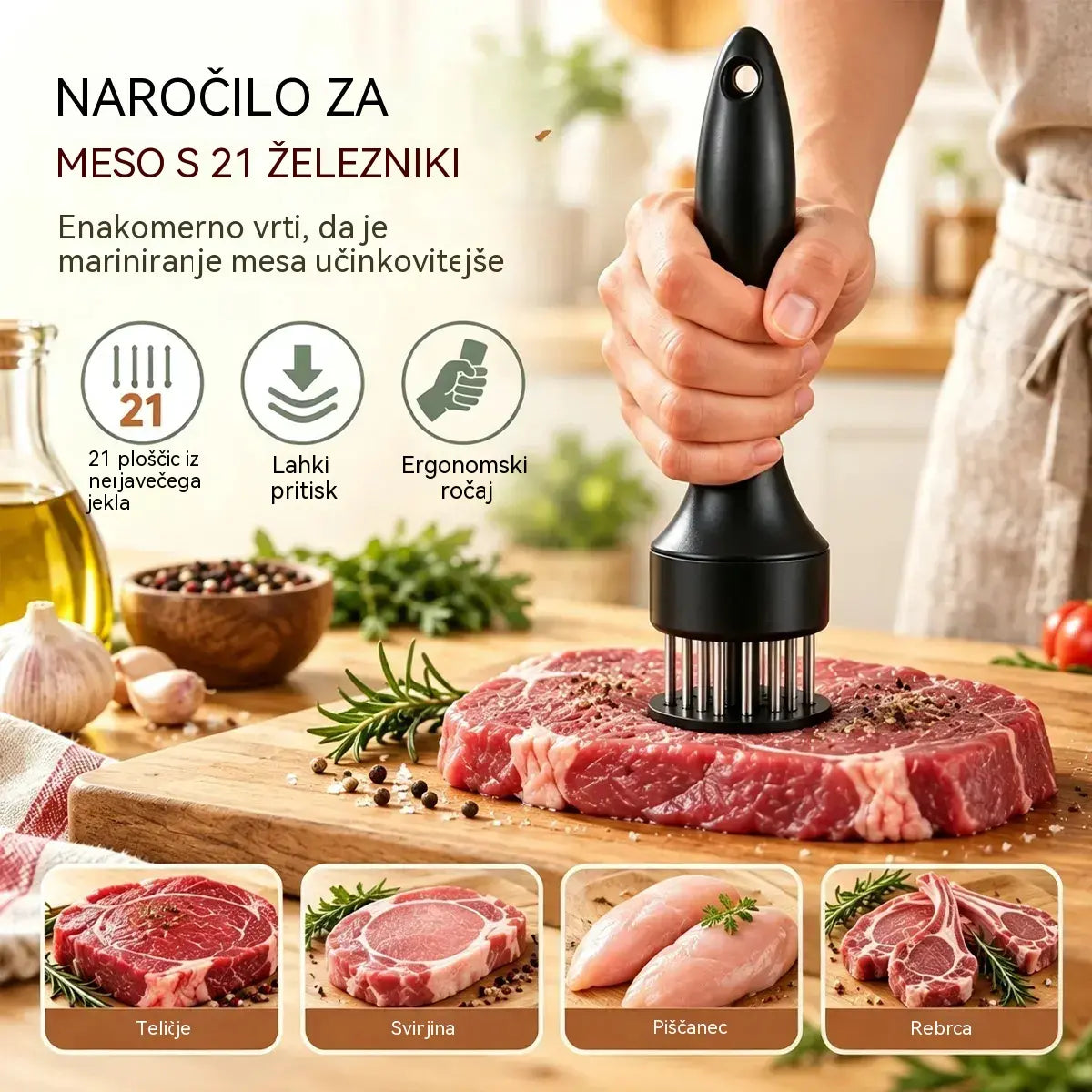 Igla za mehčanje mesa iz nerjavečega jekla z 21 konicami za zrezke, žar in kuhinjo.