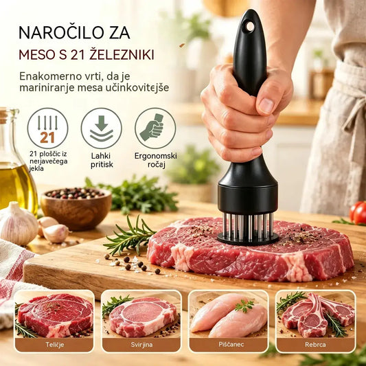 Igla za mehčanje mesa iz nerjavečega jekla z 21 konicami za zrezke, žar in kuhinjo.