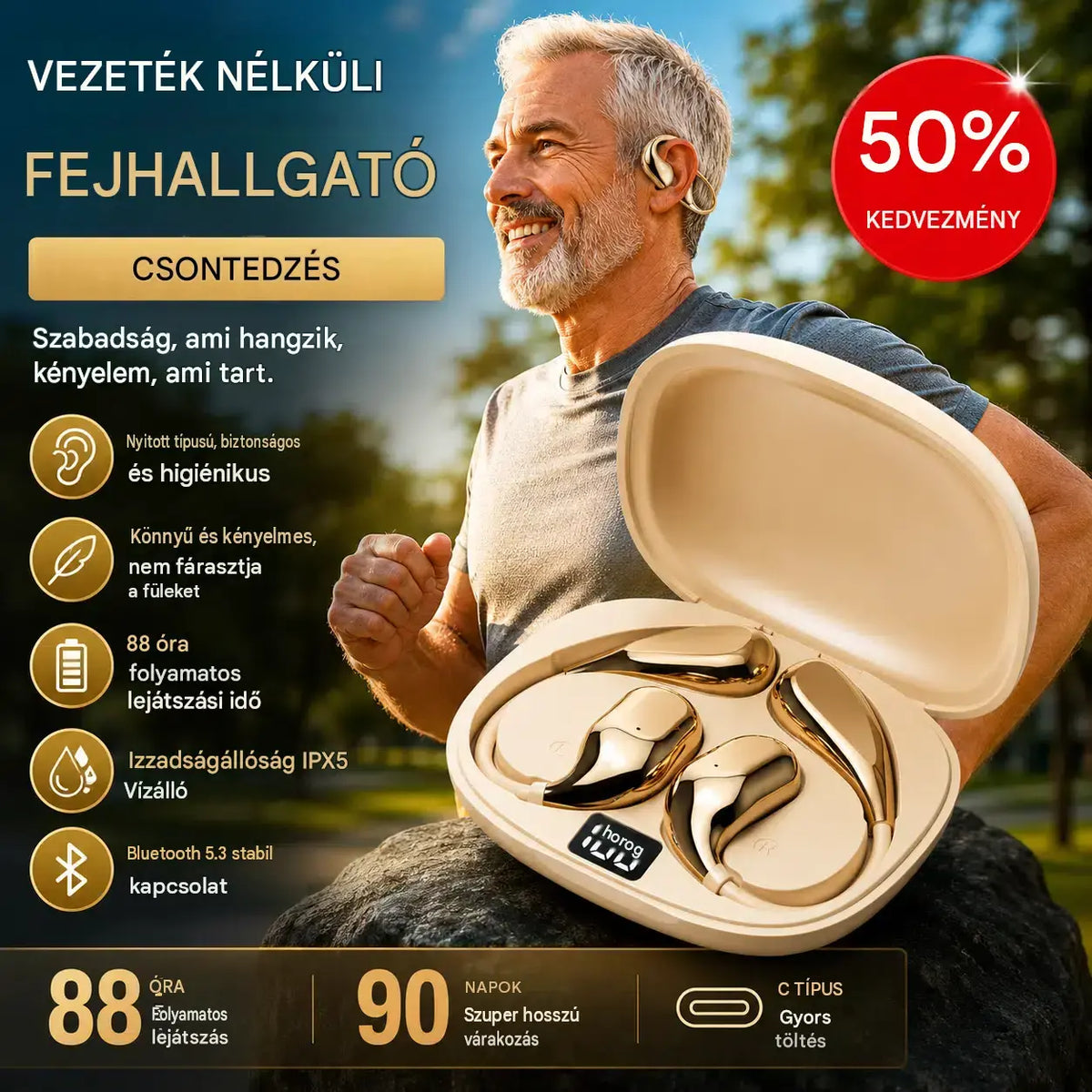 Vezeték nélküli Bluetooth fülhallgató beépített fülhorgos csontvezetés nélkül