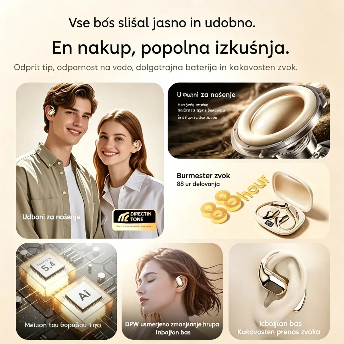 Brezžične Bluetooth slušalke brez vgrajenega ušesa, z ušesno kljukico in kostno prevodnostjo