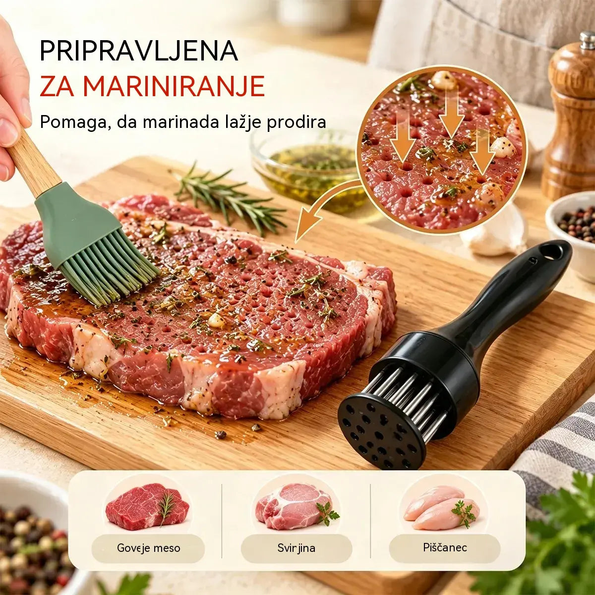 Igla za mehčanje mesa iz nerjavečega jekla z 21 konicami za zrezke, žar in kuhinjo.