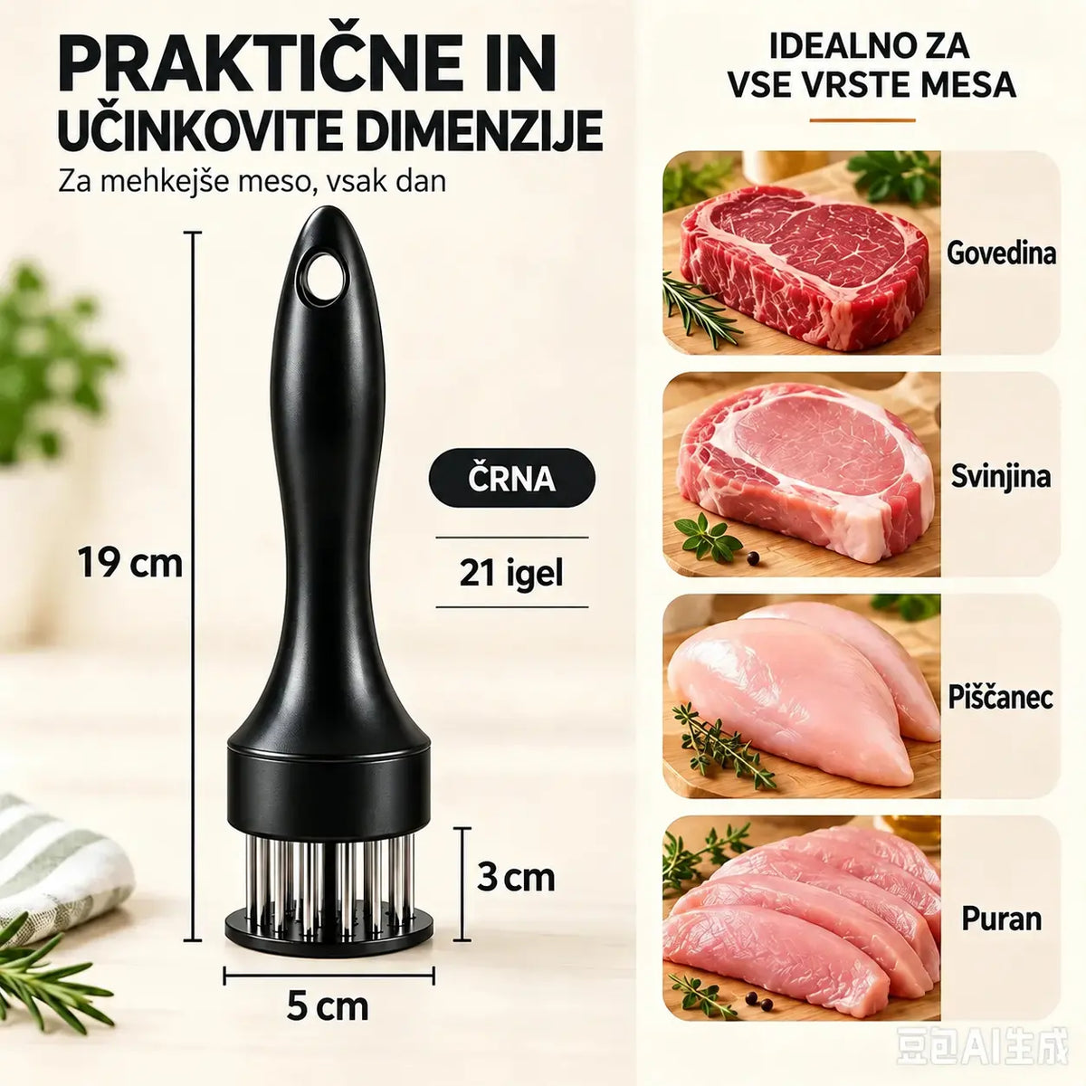 Igla za mehčanje mesa iz nerjavečega jekla z 21 konicami za zrezke, žar in kuhinjo.