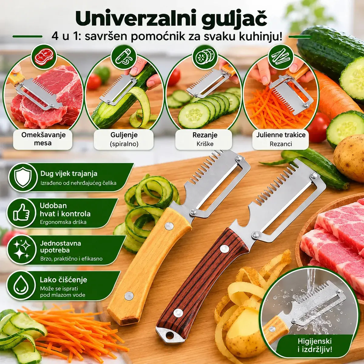 ✅【2 komada 43 KM】🧅🔪Multifunkcionalna 3-u-1 kuhinjska gulilica: Guli, reže povrće, reže meso i otvara boce! 🔥