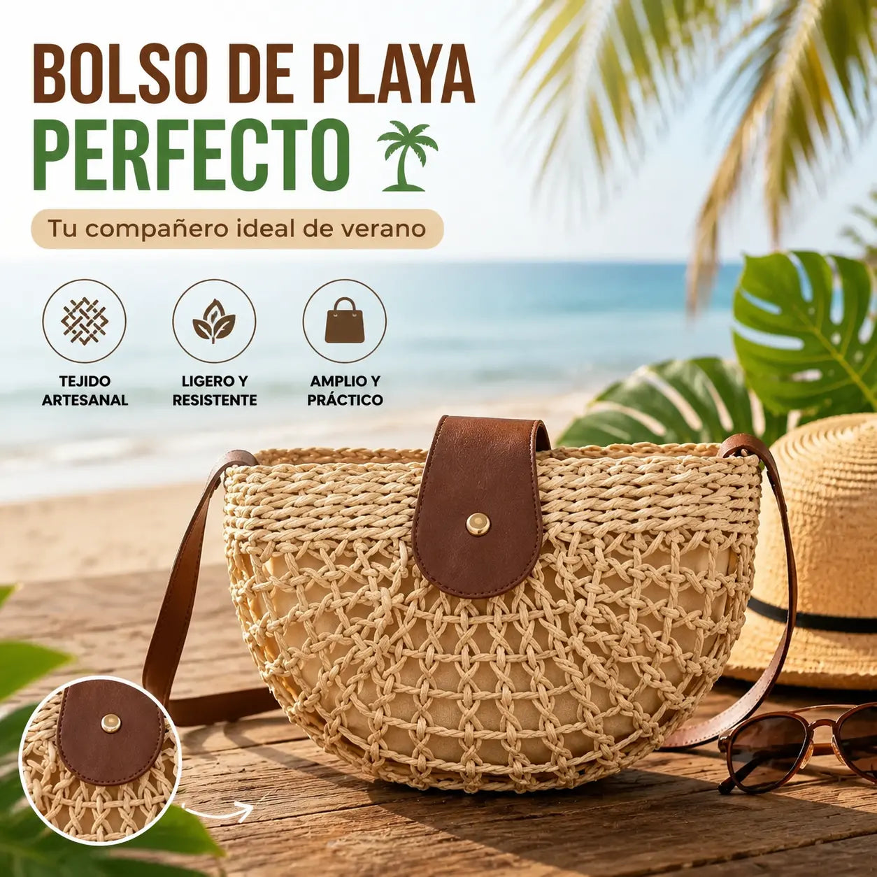 🌿 Bolso Bandolera de Rafia Artesanal con Gran Capacidad | Elegante, Cómodo y Perfecto para Verano