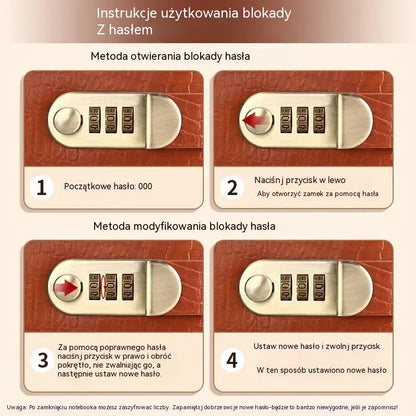 Notatnik zabezpieczony hasłem służy do przechowywania czeków, gotówki, kart bankowych i różnych paragonów.