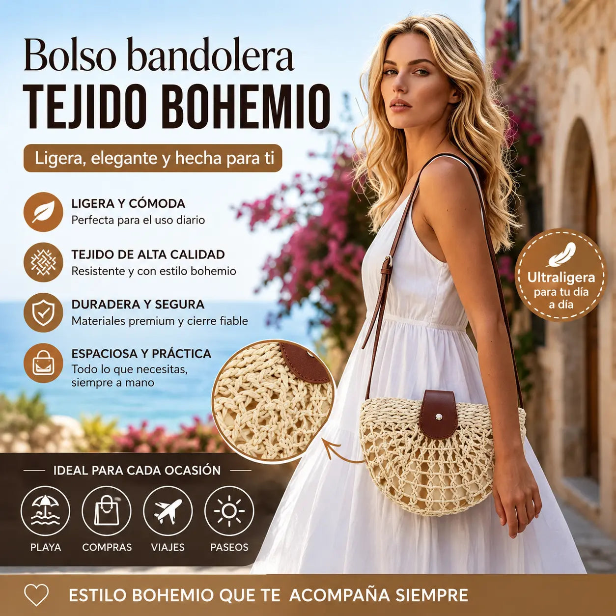 🌿 Bolso Bandolera de Rafia Artesanal con Gran Capacidad | Elegante, Cómodo y Perfecto para Verano