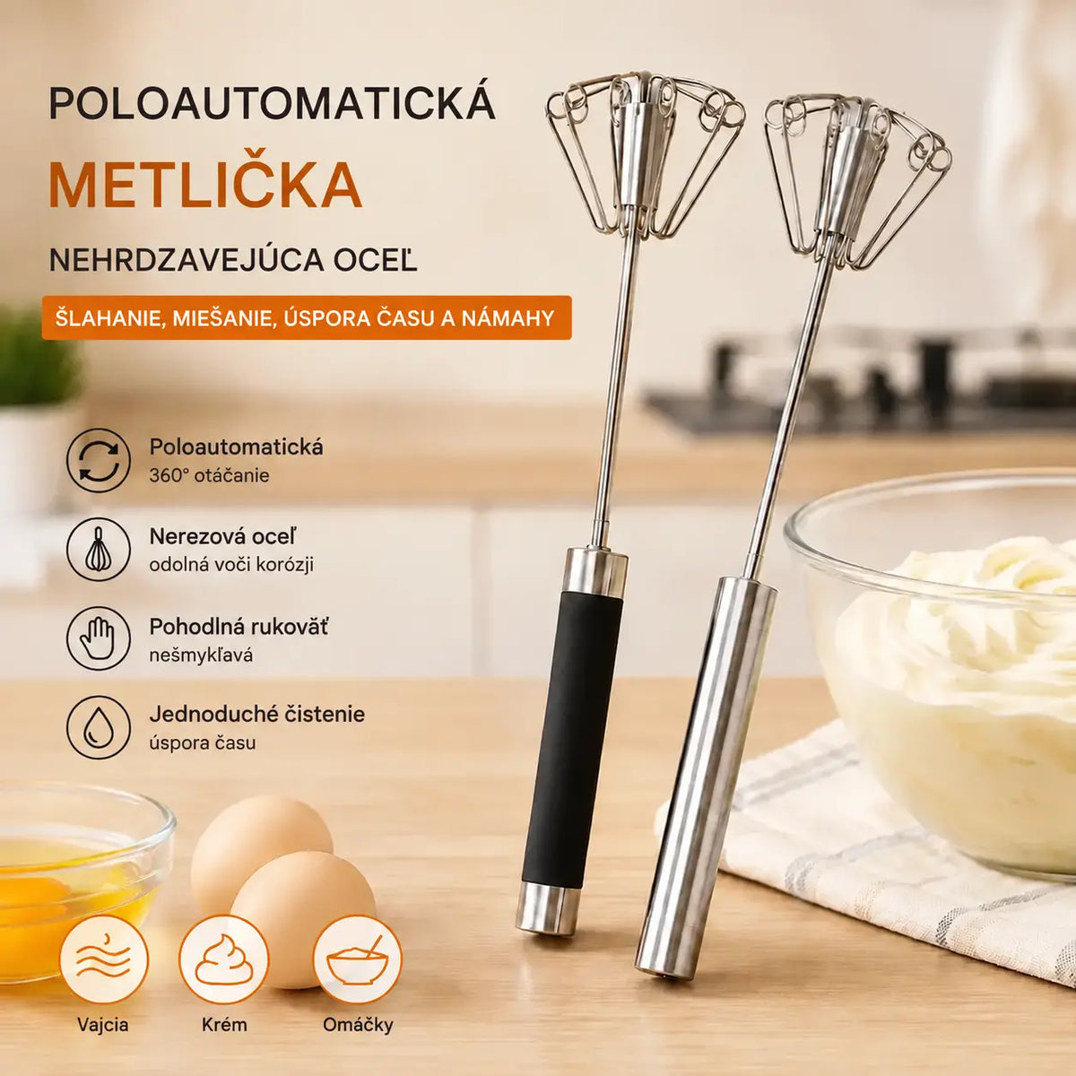 22€【2-dielna sada】Nerezová poloautomatická metlička na vajcia