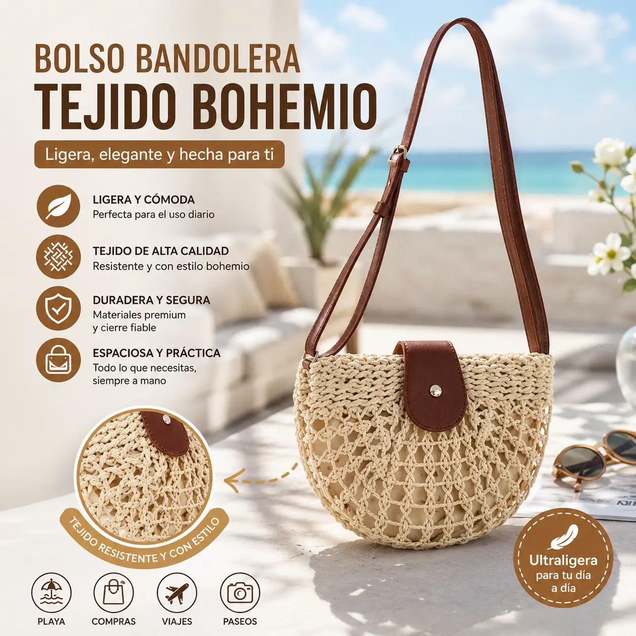🌿 Bolso Bandolera de Rafia Artesanal con Gran Capacidad | Elegante, Cómodo y Perfecto para Verano