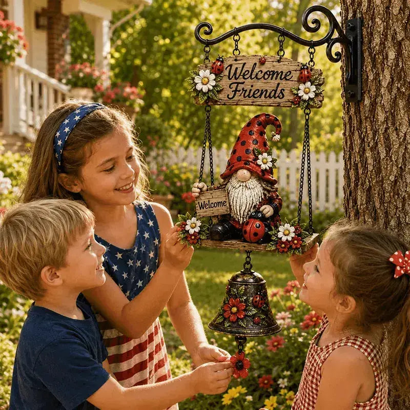 Zvono dobrodošlice s vrtnim patuljkom, pločica "Dobrodošli", retro bronzano zvono, željezni zidni nosač, ukras za dvorište i terasu