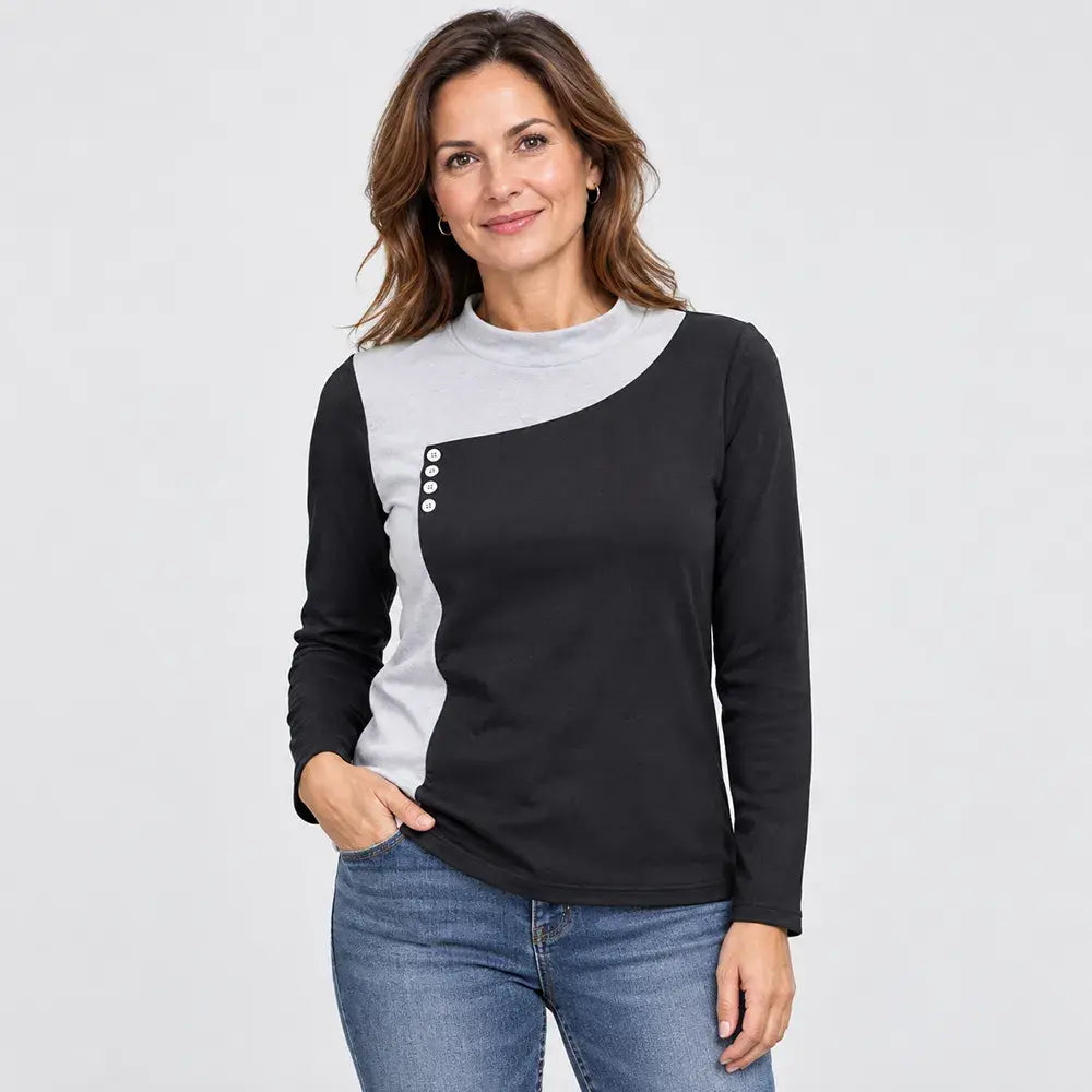 ✨【S-3XL / 6 χρώματα】Μπλούζα με ψηλό γιακά και διακοσμητικά κουμπιά, σε στυλ color-block (ελαφρύ θερμικό φλις)