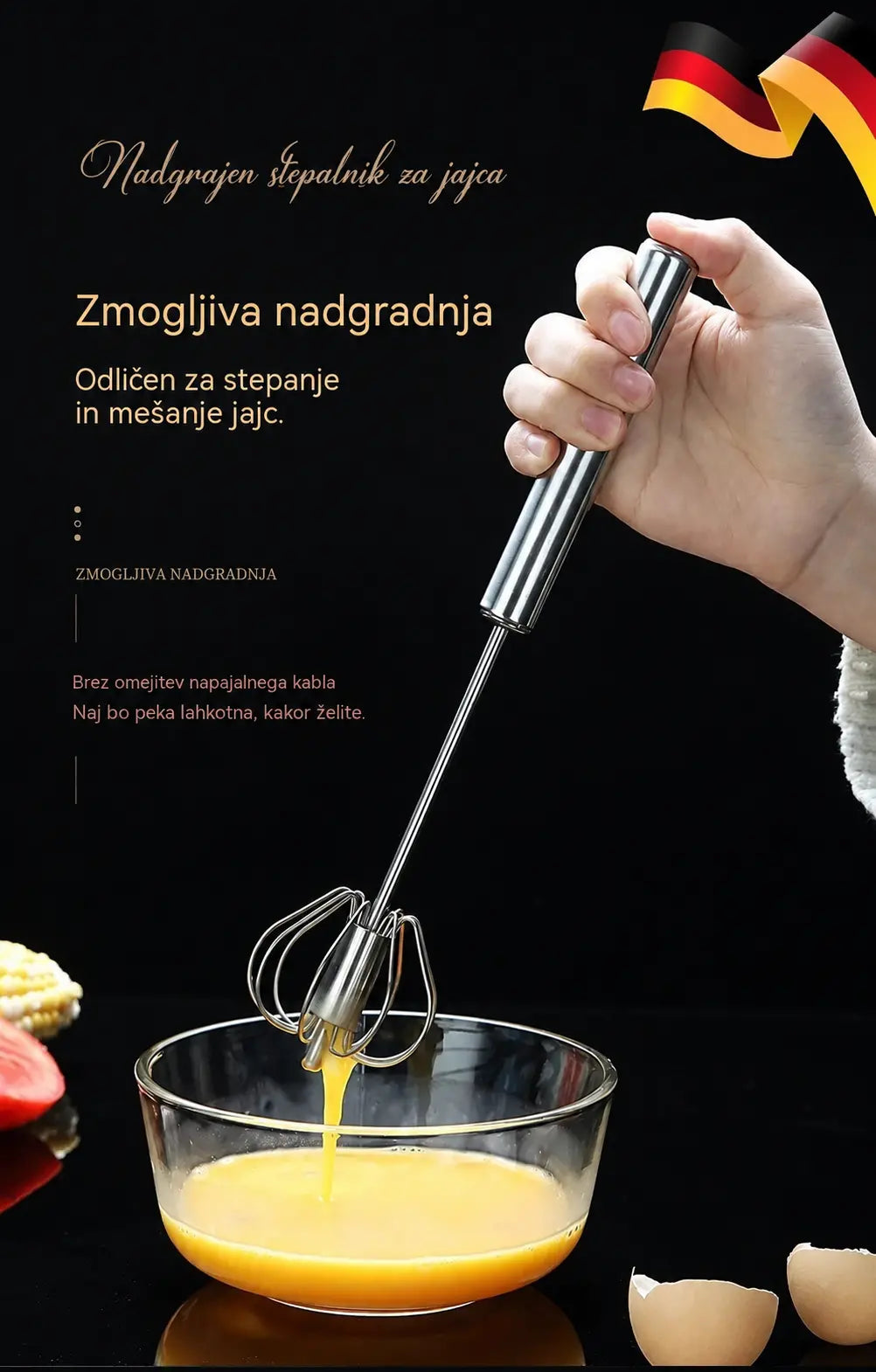 🥚 KUPITE 2, DOBITE 1 BREZPLAČNO! 🔥 Polavtomatska ročna metlica za stepanje jajc iz nerjavečega jekla – Hitra in vzdržljiva – Popolna za jajca, testo ali smetano – Gladko stepanje brez napora 🍳