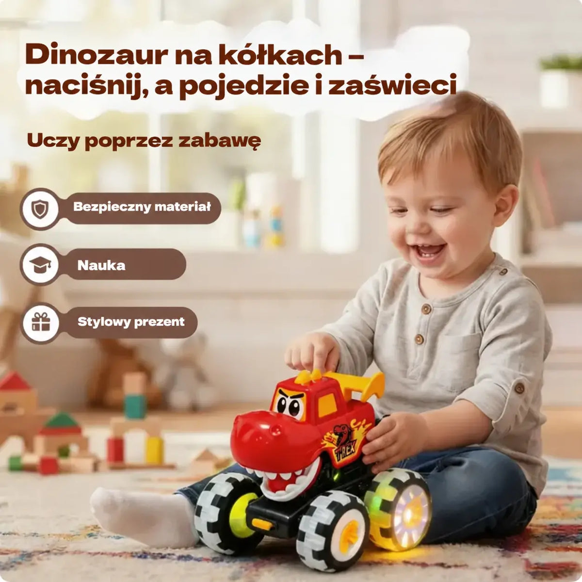 🦖🚗 Samochód-dinozaur z funkcją uruchamiania na przycisk – wystarczy lekko nacisnąć, a auto wystrzeliwuje do przodu, z migającymi światełkami i zabawnym rykiem ✨🎮