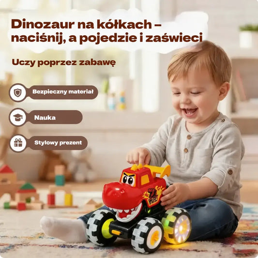 🦖🚗 Samochód-dinozaur z funkcją uruchamiania na przycisk – wystarczy lekko nacisnąć, a auto wystrzeliwuje do przodu, z migającymi światełkami i zabawnym rykiem ✨🎮