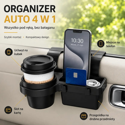 Wielofunkcyjny samochodowy uchwyt 4 w 1 do drzwi – Uchwyt na kubek z antypoślizgowymi zaciskami, schowek na telefon, wnęka na karty i zintegrowane haczyki 🚗🥤📱✨