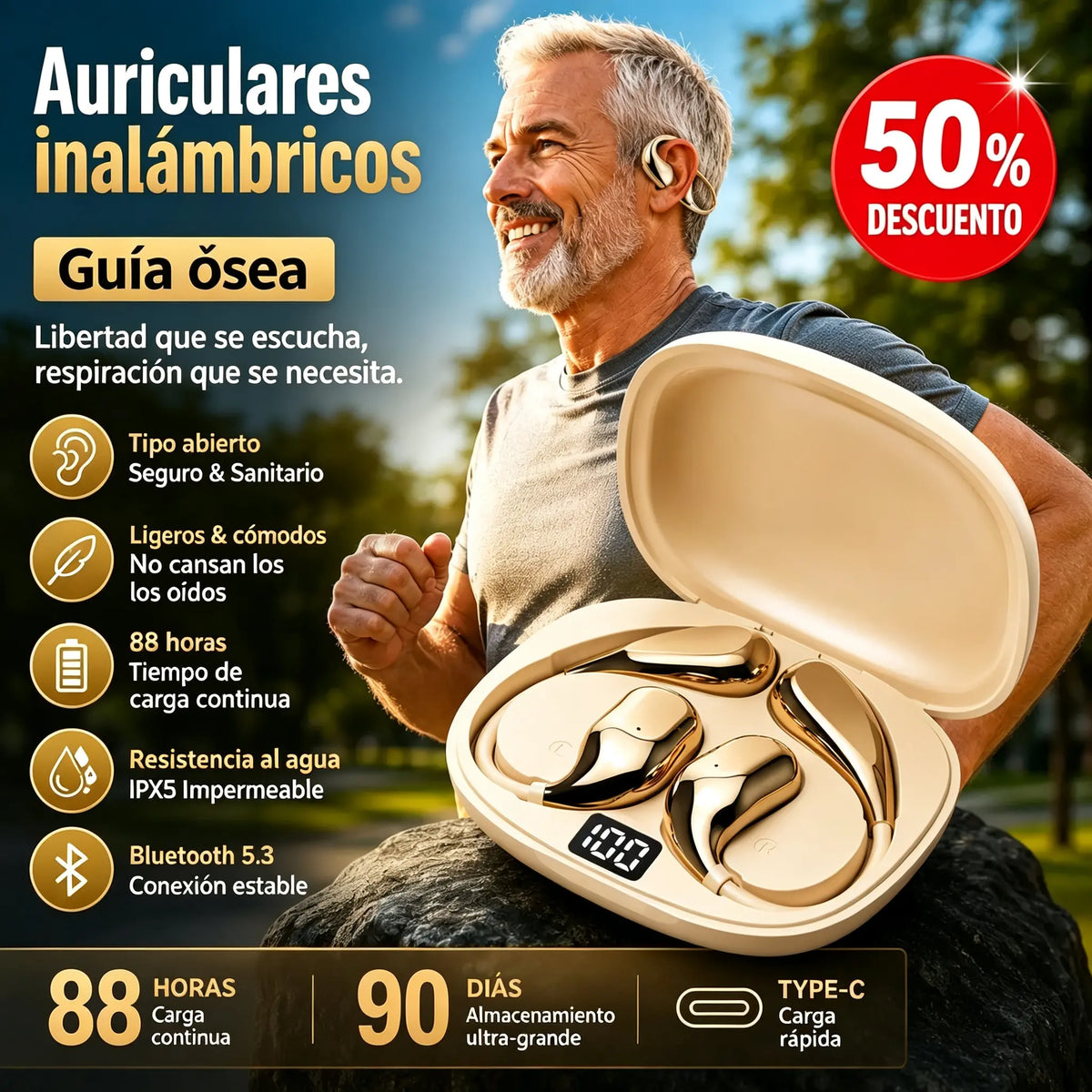 Auriculares inalámbricos Bluetooth sin almohadilla integrada, con gancho para la oreja y conducción ósea