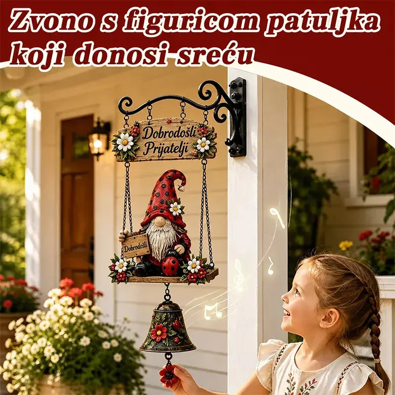 Zvono dobrodošlice s vrtnim patuljkom, pločica "Dobrodošli", retro bronzano zvono, željezni zidni nosač, ukras za dvorište i terasu