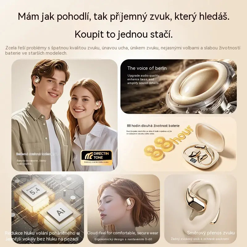 Bezdrátová Bluetooth sluchátka bez vestavěného ucha, s háčkem za uši a kostním vedením