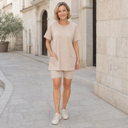 Σετ casual γυναικείας 2 τεμαχίων με μπλούζα με τσέπες και κοντό παντελόνι – Υλικό υψηλής ποιότητας, μαλακό, αναπνεύσιμο και ελαστικό, ιδανικό για το σπίτι και τον αθλητισμό.