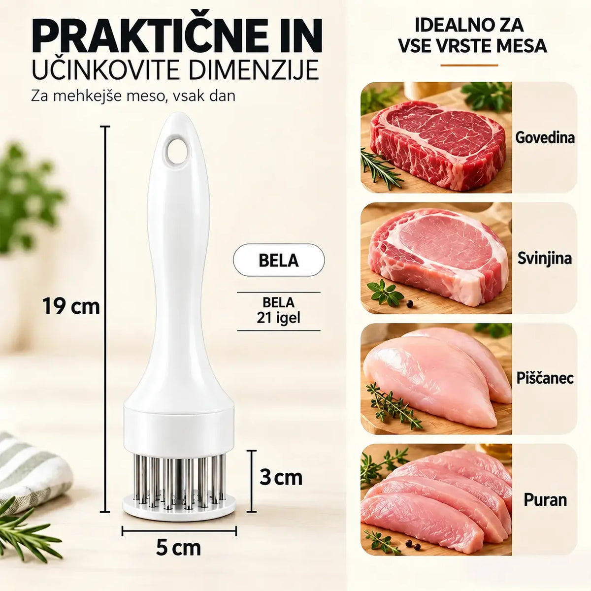 Igla za mehčanje mesa iz nerjavečega jekla z 21 konicami za zrezke, žar in kuhinjo.