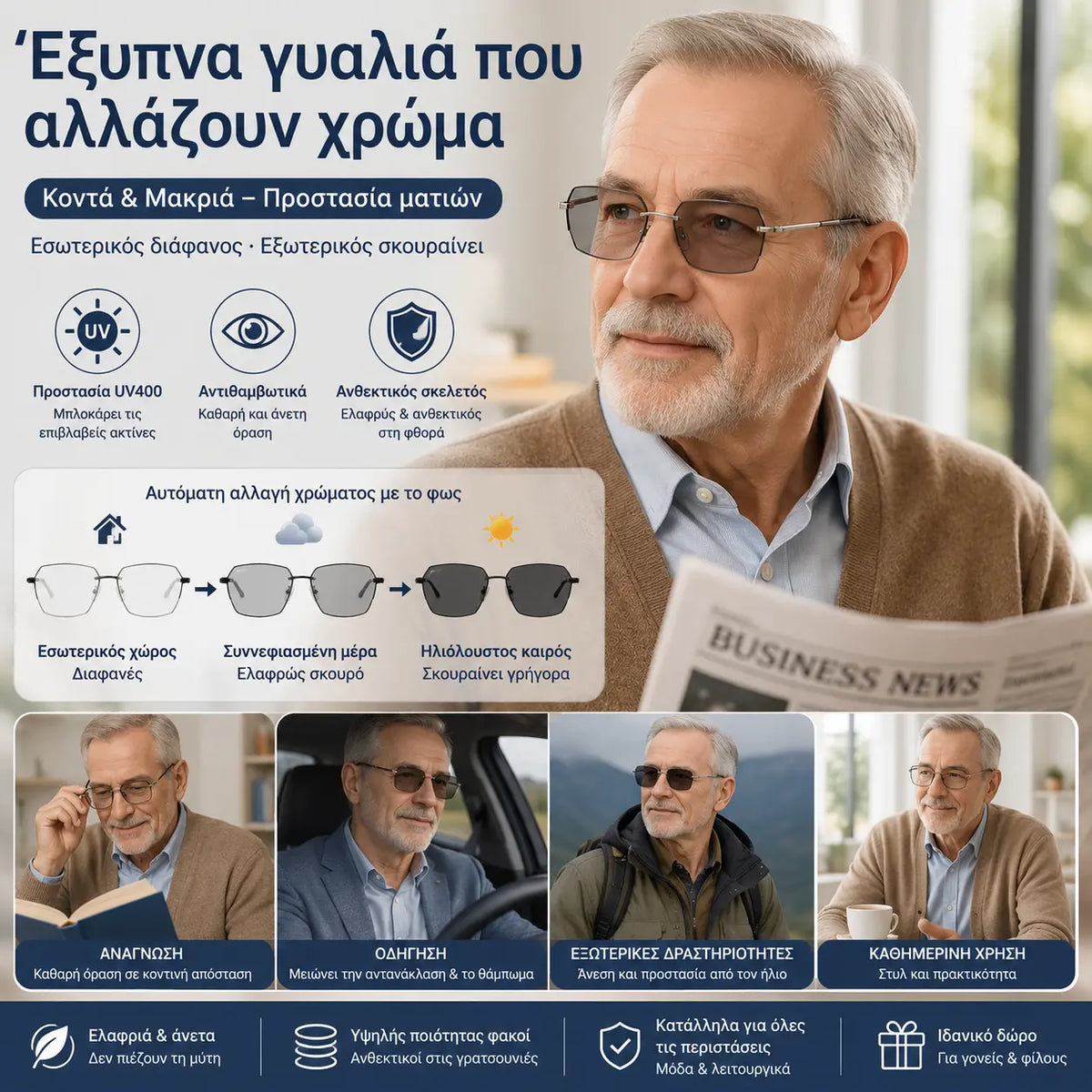 ✨🕶Νέα φωτοχρωμικά έξυπνα γυαλιά με φίλτρο μπλε φωτός, unisex