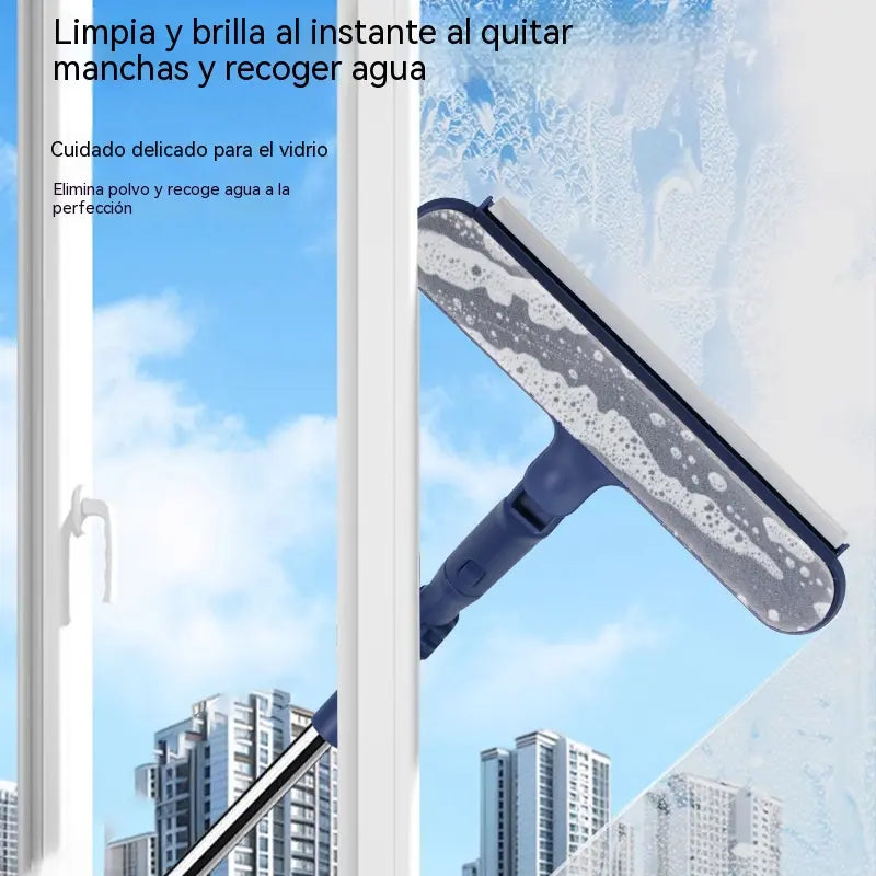 Limpiacristales 2 en 1 de doble cara con mango extensible para limpiar cristales en edificios altos.