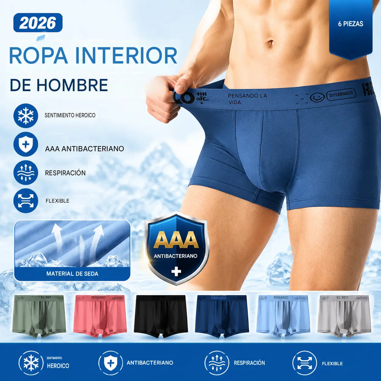 🧊【Compra 3 y llévate 3 gratis: 6 piezas en total】Calzoncillos bóxer de seda helada transpirables y finos para hombre, superventas del verano