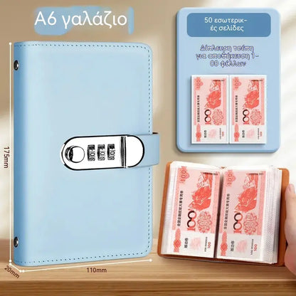 📓💰🔐 Χρησιμοποιείται ένα σημειωματάριο προστατευμένο με κωδικό πρόσβασης για την αποθήκευση επιταγών, μετρητών, τραπεζικών καρτών και διαφόρων αποδείξεων.