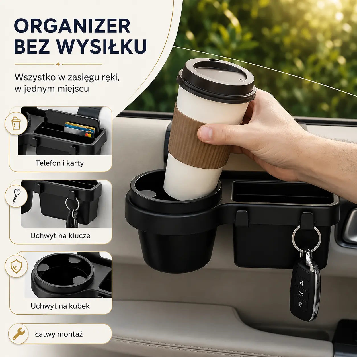 Wielofunkcyjny samochodowy uchwyt 4 w 1 do drzwi – Uchwyt na kubek z antypoślizgowymi zaciskami, schowek na telefon, wnęka na karty i zintegrowane haczyki 🚗🥤📱✨