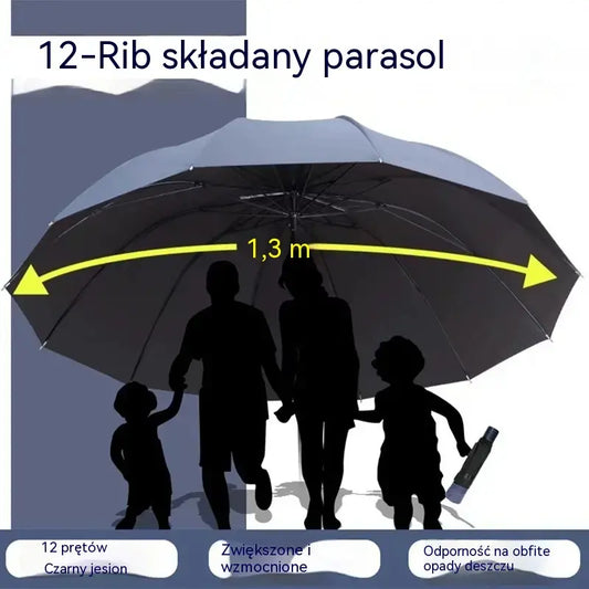 ☔ Składany parasol z 12 żebrami – odporny na wiatr, wodoodporny i lekki, na deszcz i słońce 🌞