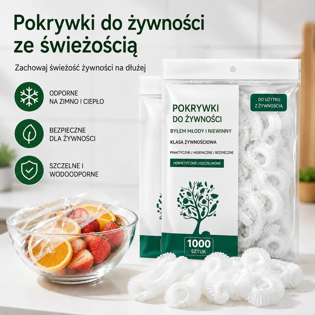 ✨500 elastycznych pokrywek foliowych, wielokrotnego użytku, bezpiecznych dla żywności.
