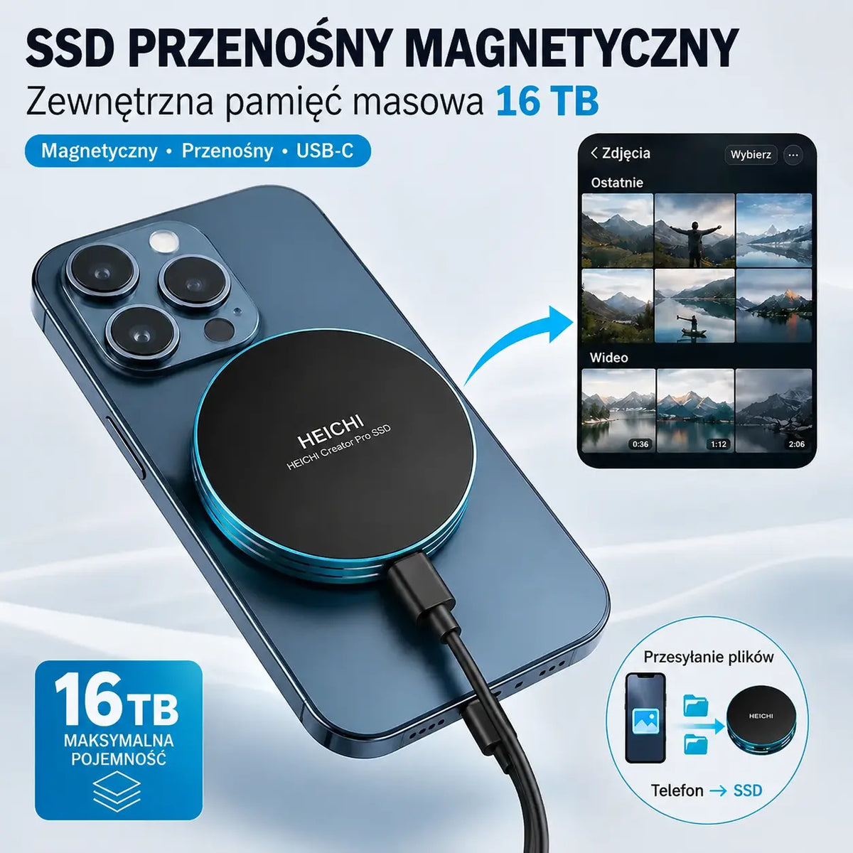 🧲 Szybki przenośny magnetyczny SSD 16TB | Transfer 1050MB/s i kompatybilność z wieloma urządzeniami ⚡