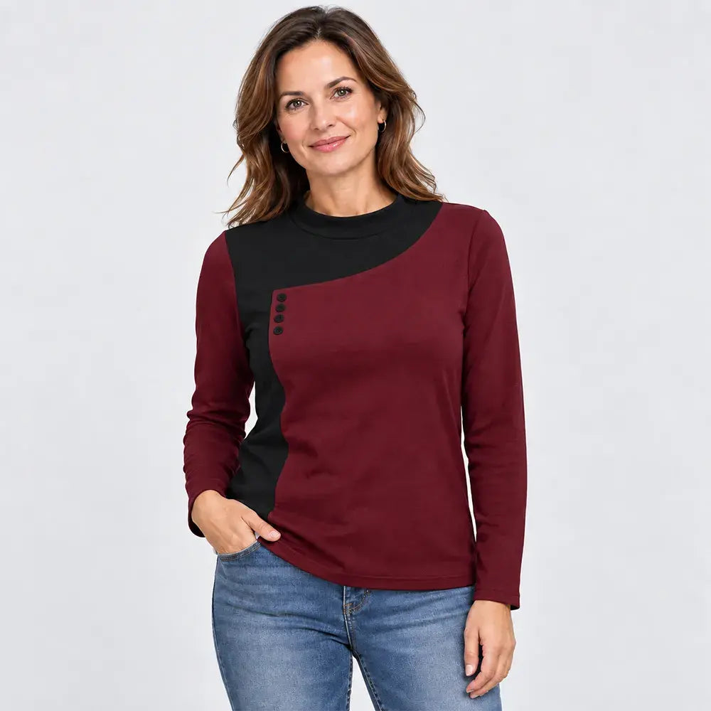 ✨【S-3XL / 6 χρώματα】Μπλούζα με ψηλό γιακά και διακοσμητικά κουμπιά, σε στυλ color-block (ελαφρύ θερμικό φλις)