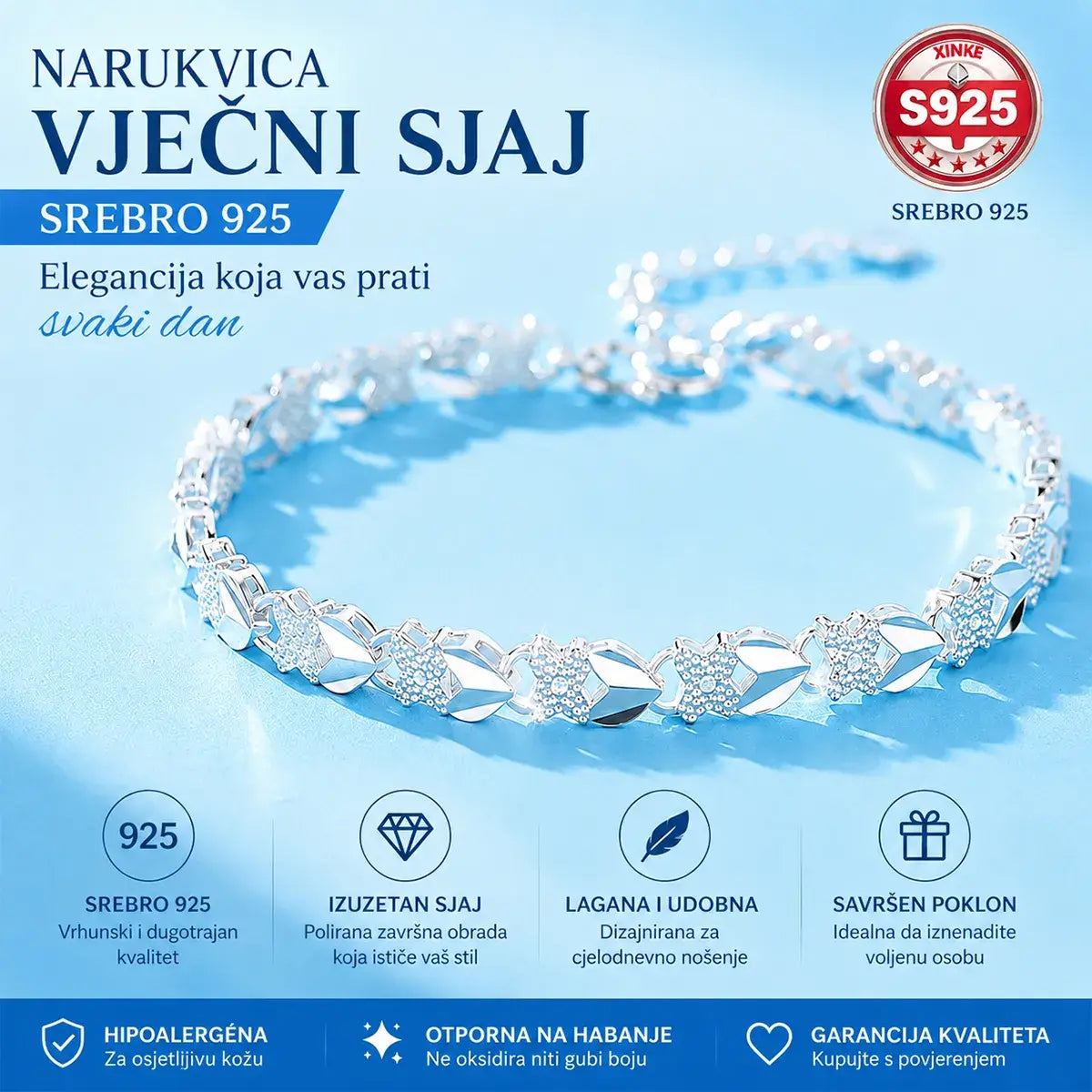 【2 komada 42 KM】Nova modna ženska narukvica od 925 sterling srebra s djetelinom s četiri lista