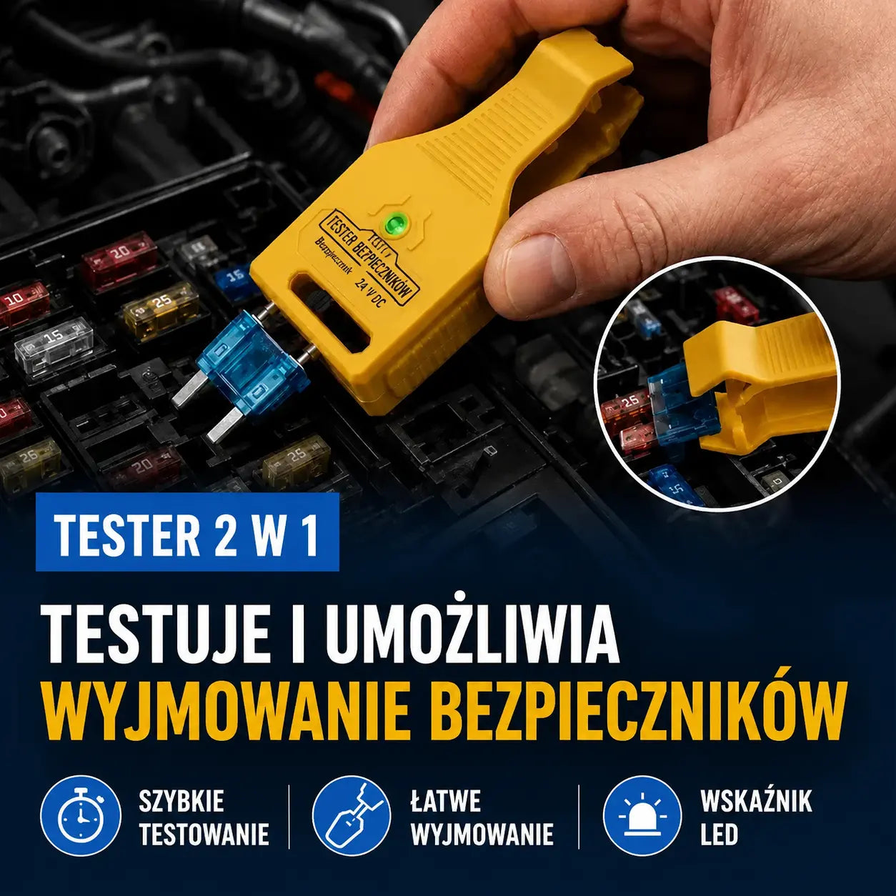 ⚡ Tester i wyciągacz do bezpieczników samochodowych 2 w 1 (Kompatybilny z 12V/24V / Zielony wskaźnik LED / Regulowany rozstaw  / Do samochodów, ciężarówek i łodzi)! 🚗✨