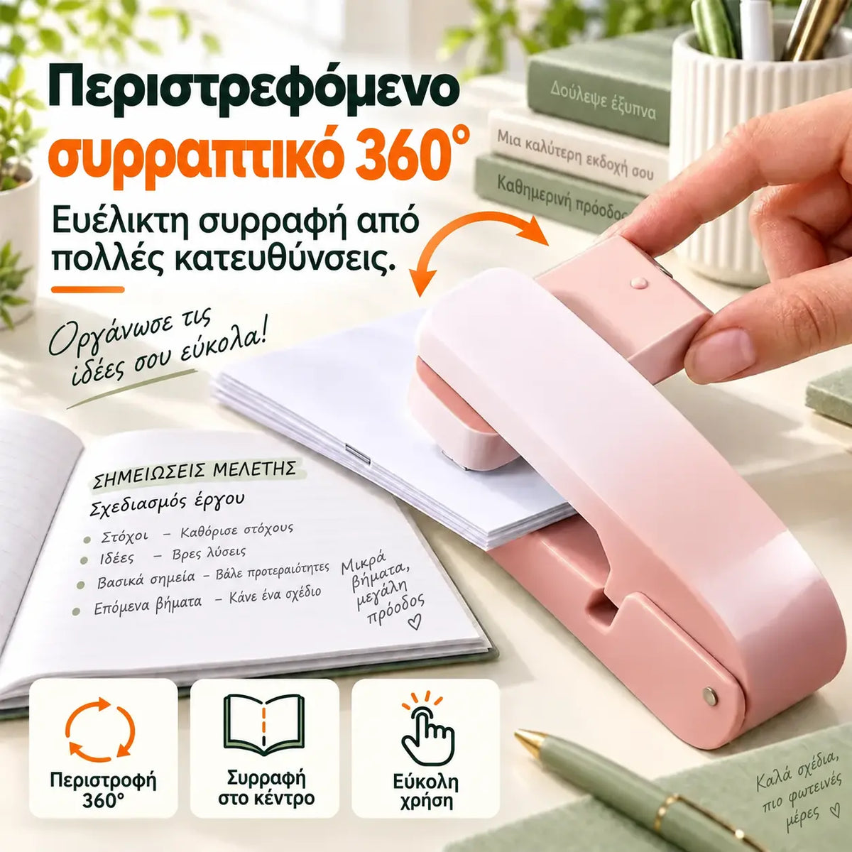 📚 Περιστροφικός συρραπτικός 360° σε χρώματα gradient (+ 2000 καρφίτσες συρραπτικού ΔΩΡΕΑΝ) – Εύκολο και ξεκούραστο συρράψιμο για γραφείο και σχολείο!